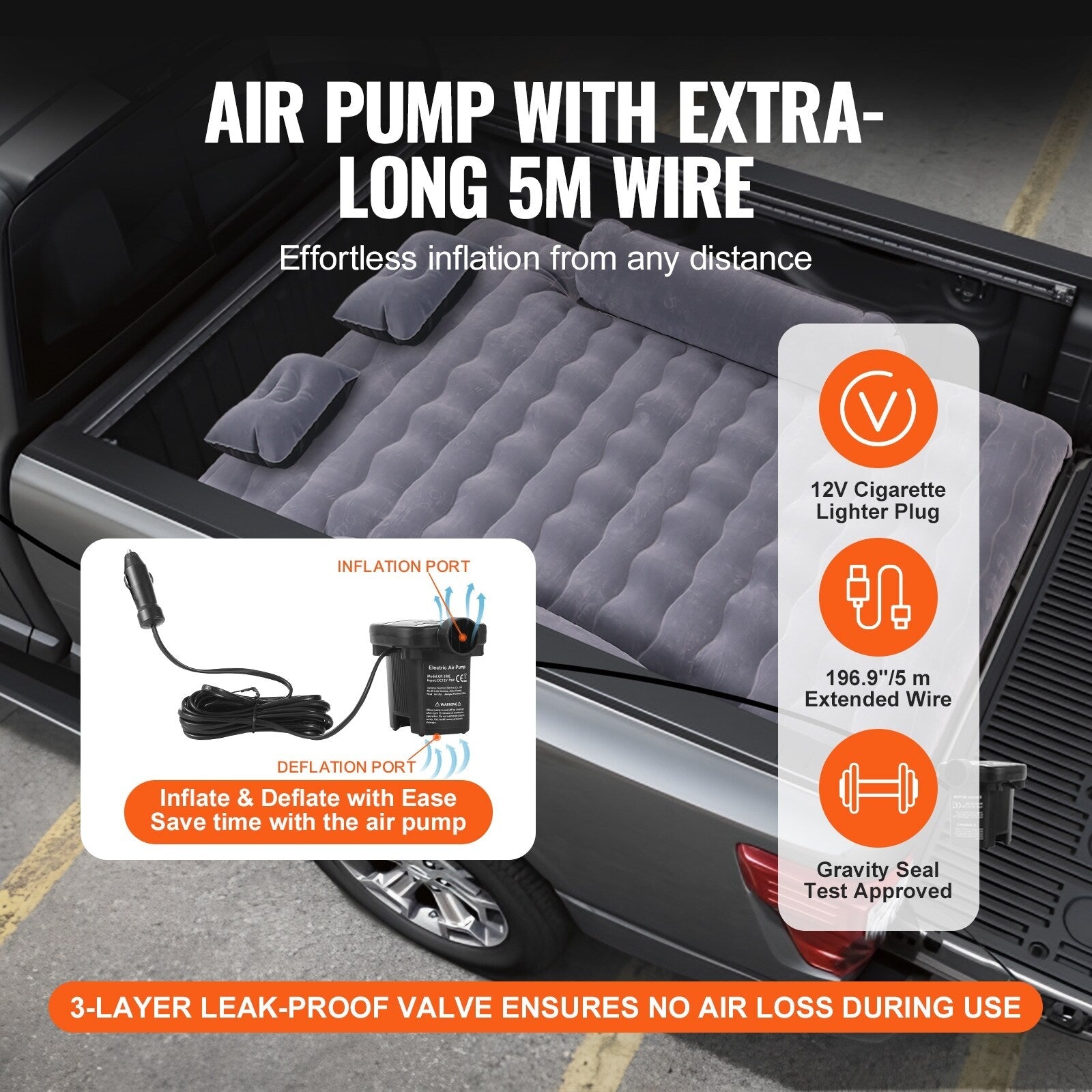 Truck Bed Air Mattress, for 6-6.5 ft Full Size Truck Beds, Inflatable Air Mattress Camping Bed with 12V Air Pump 2 Pillows