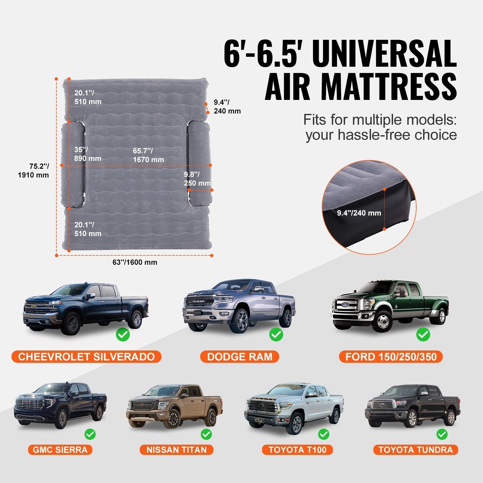 Truck Bed Air Mattress, for 6-6.5 ft Full Size Truck Beds, Inflatable Air Mattress Camping Bed with 12V Air Pump 2 Pillows