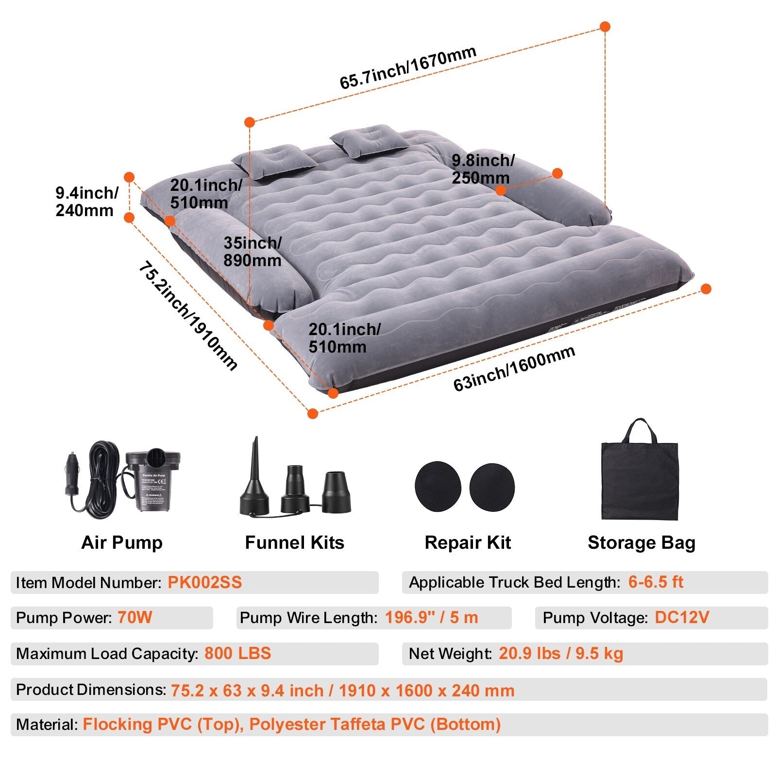 Truck Bed Air Mattress, for 6-6.5 ft Full Size Truck Beds, Inflatable Air Mattress Camping Bed with 12V Air Pump 2 Pillows