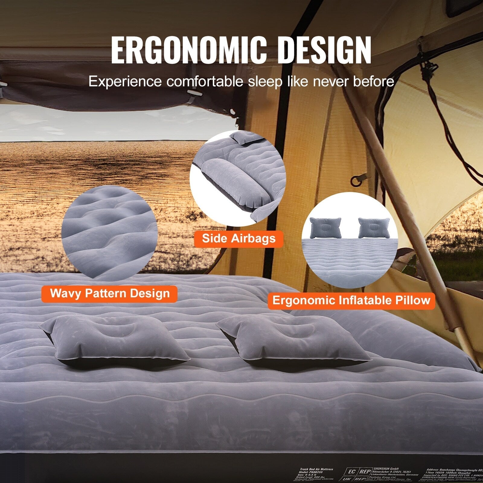 Truck Bed Air Mattress, for 6-6.5 ft Full Size Truck Beds, Inflatable Air Mattress Camping Bed with 12V Air Pump 2 Pillows